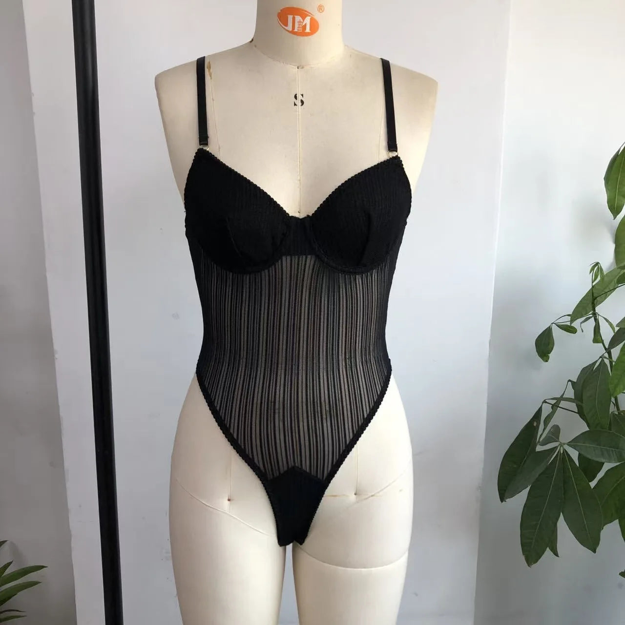 Seductive Corset Bodysuit Sheer Mesh Hollow Out Lingerie Stripe Cutouts Adjustable Straps Women Boudoir Photoshoot Playsuits
