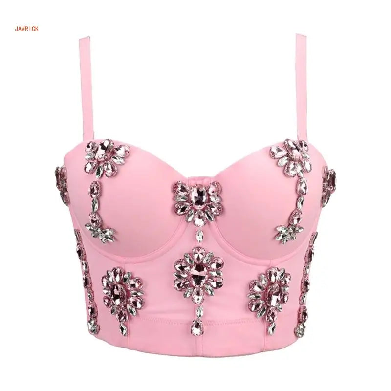 Women's Sleeveless Crop Tops Corset Bustier Bra Push Up Top Rhinestones Camisole Polyester Lingerie for Evening Parties