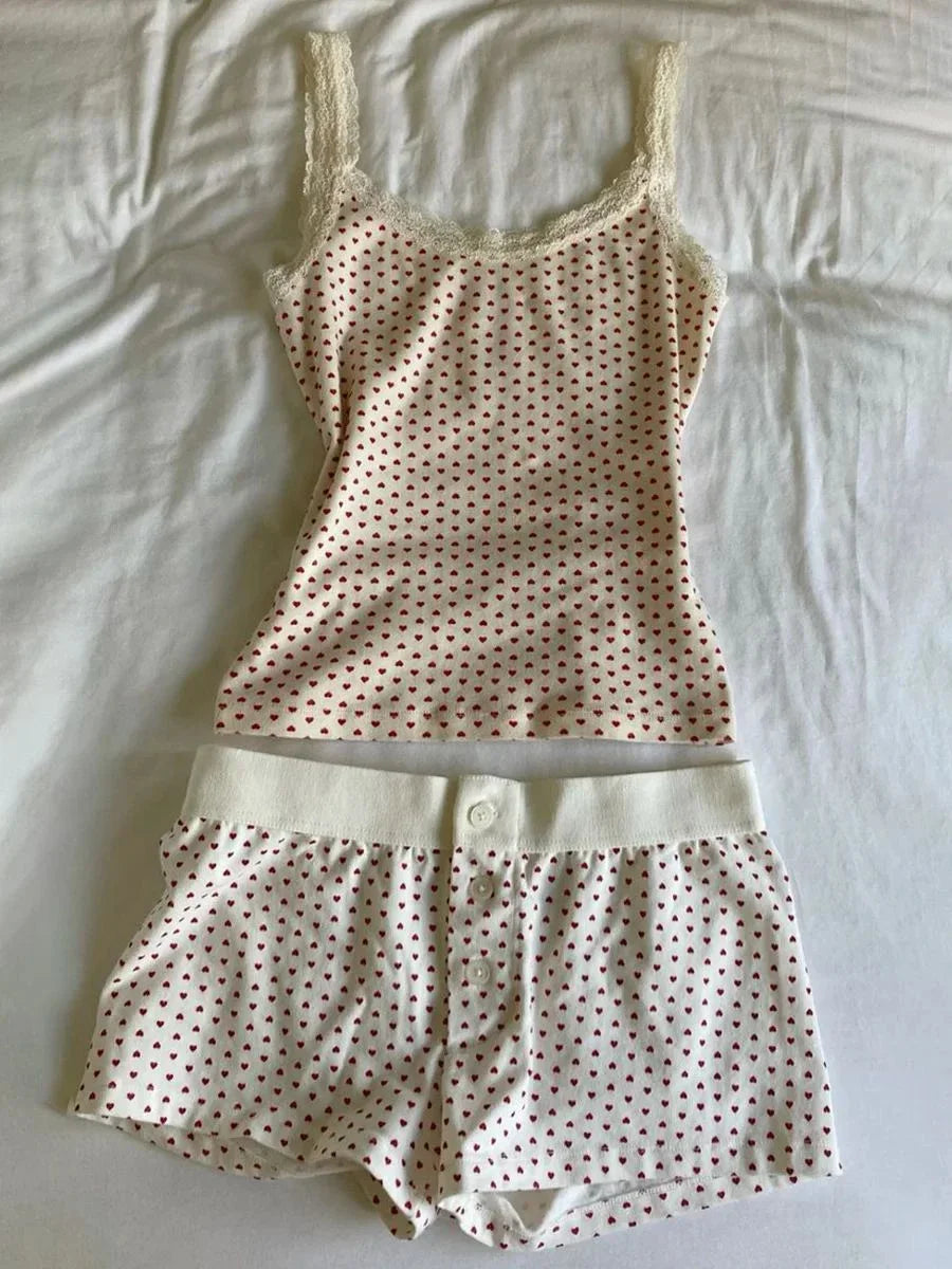 Heart Lace Trim Vest Panties 2 Pieces Set Woman